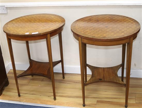 A pair of Edwardian parquetry topped occasional tables W.60cm